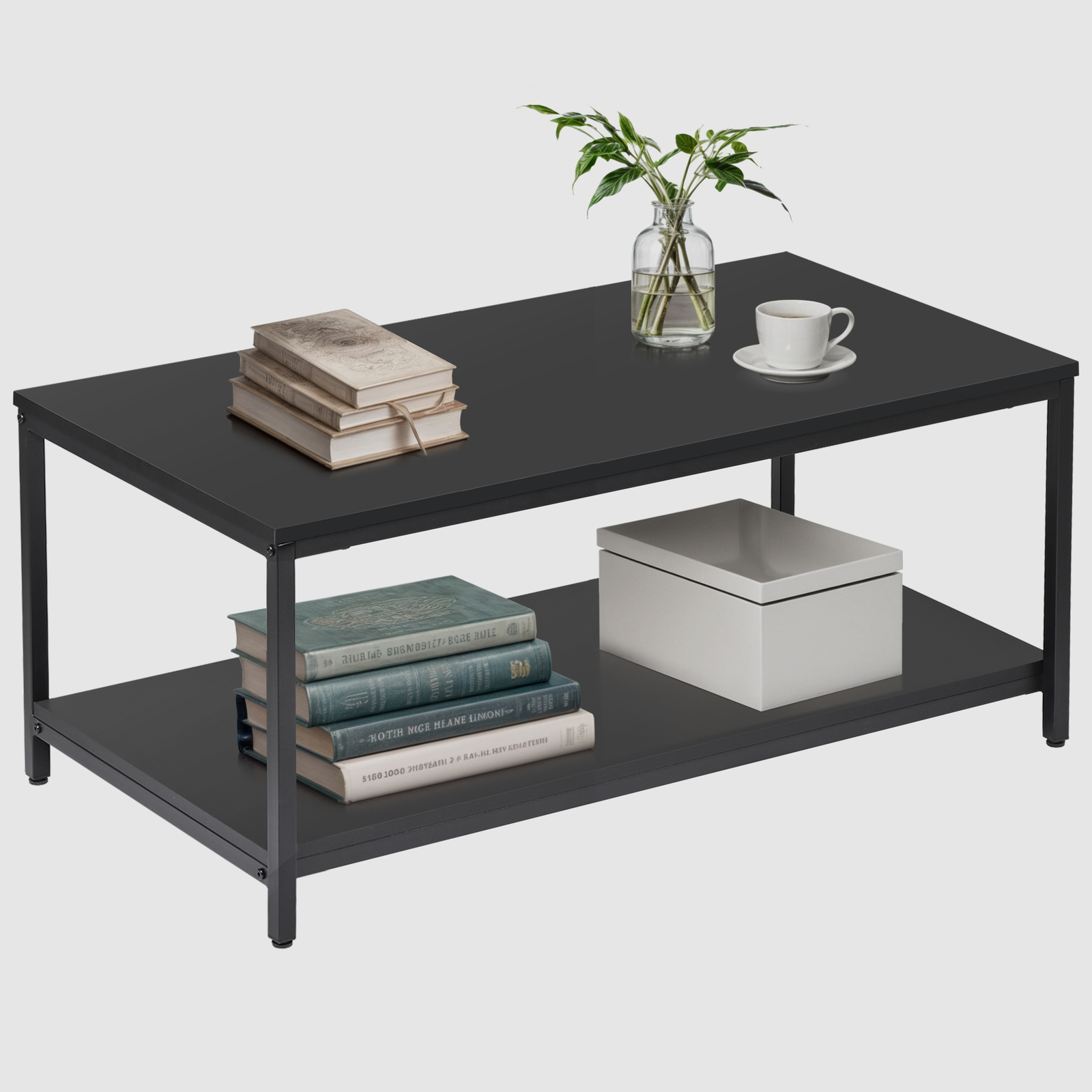 Quick Assembly All Black Coffee Table With Dual Tier Design For Elegant Homes