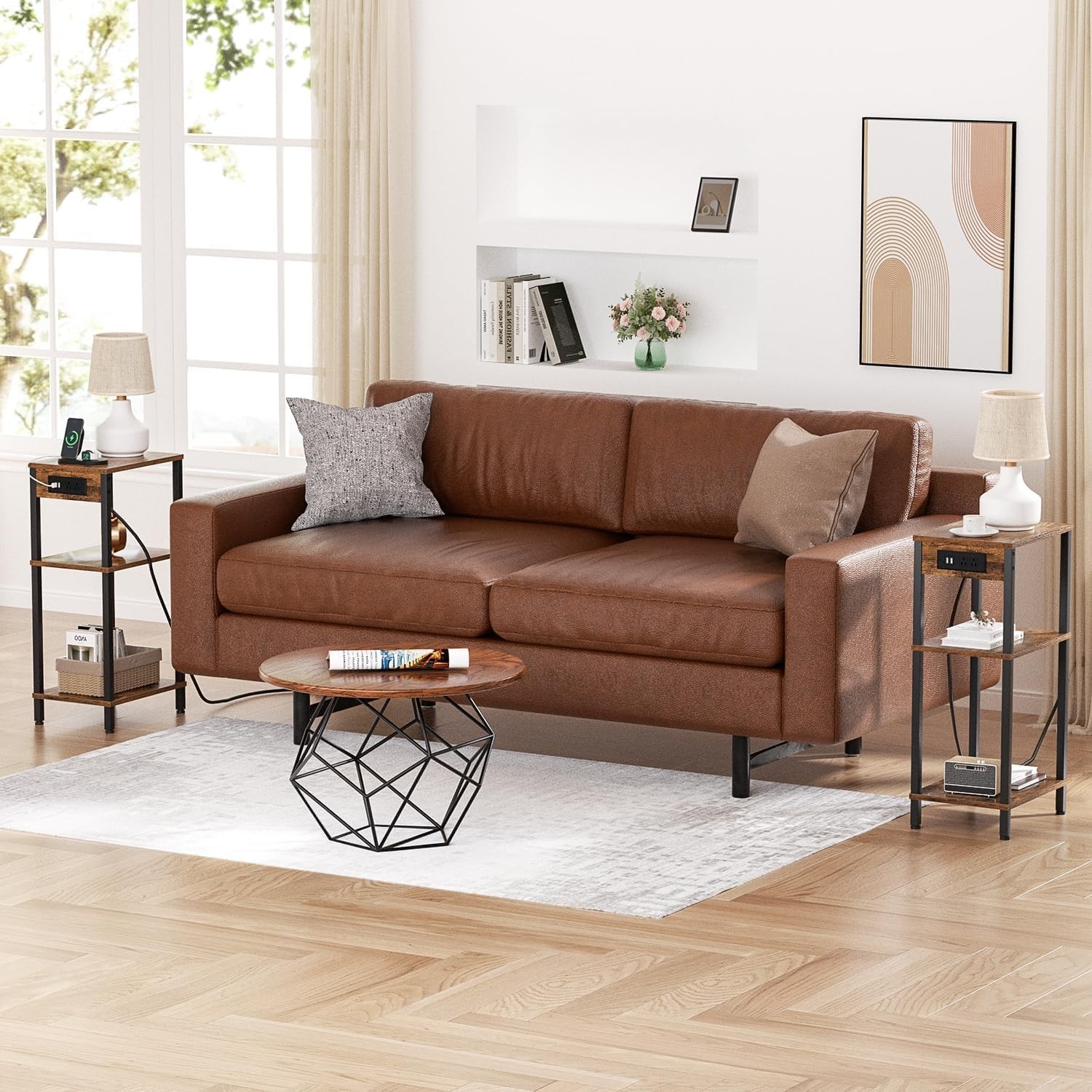 Side Table with Charging Station Narrow End Table Storage Bedside Nightstand