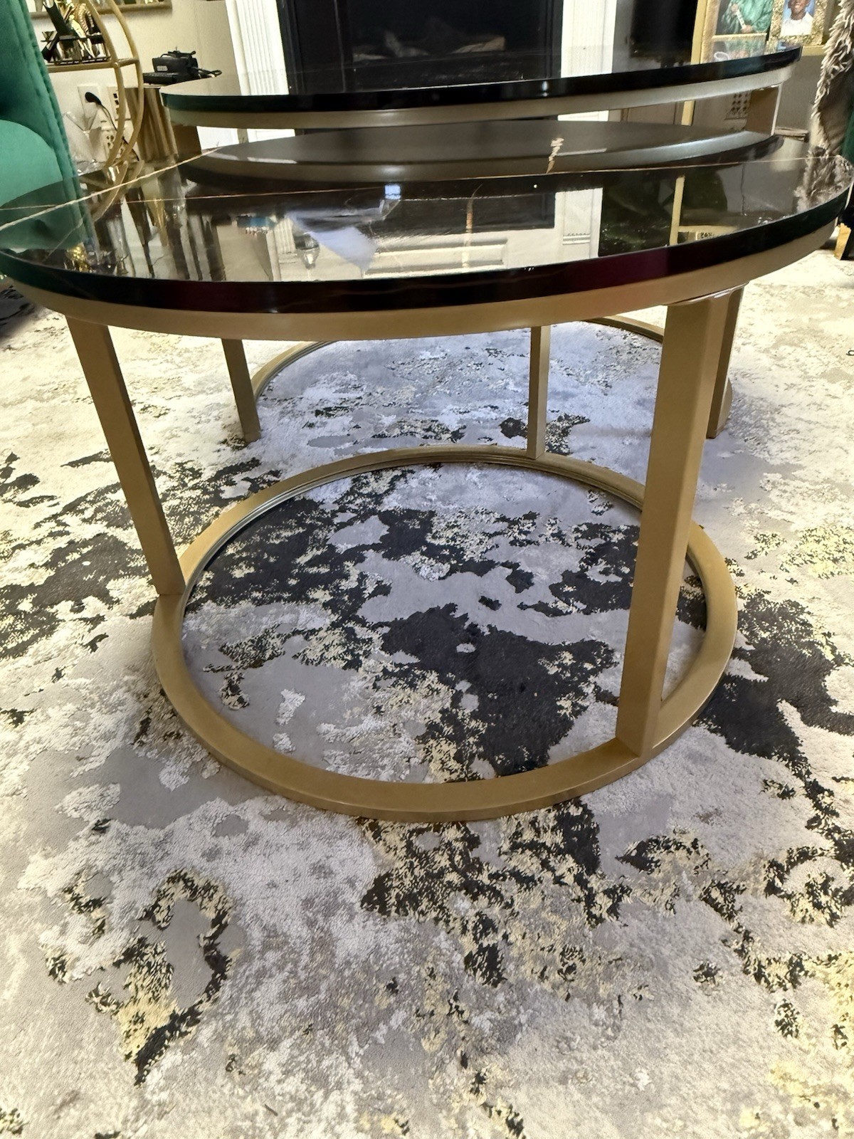 Round Black Marble Nesting Coffee Tables Gold Metal Base Polished Abstract Print