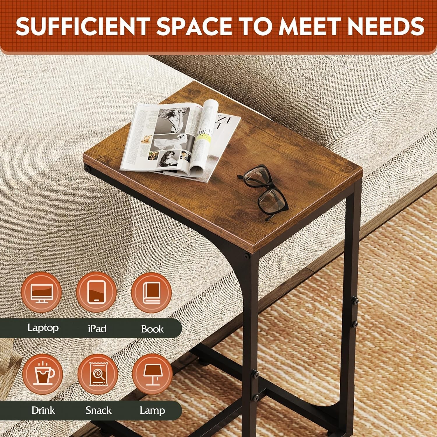 C Shaped End Table in Rustic Brown – Stylish Sofa Side Table for Any Room