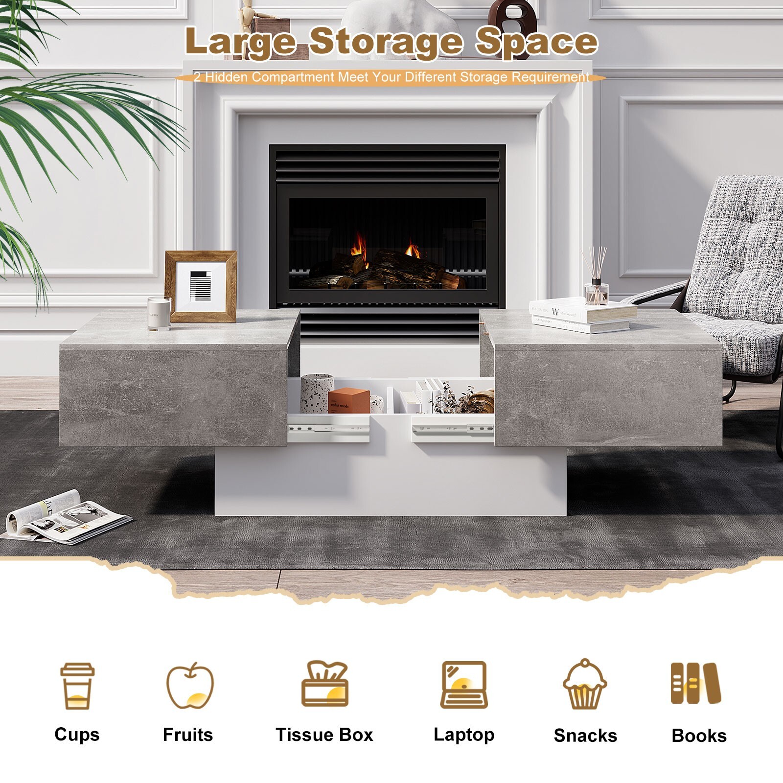 Coffee Table with Large Storage for Living Room Modern Center Table Rectangular