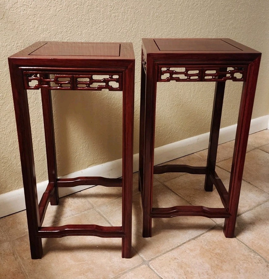 Pair Of Oriental Asian Side Tables Plant Stands Dark Cherry/Mahogany