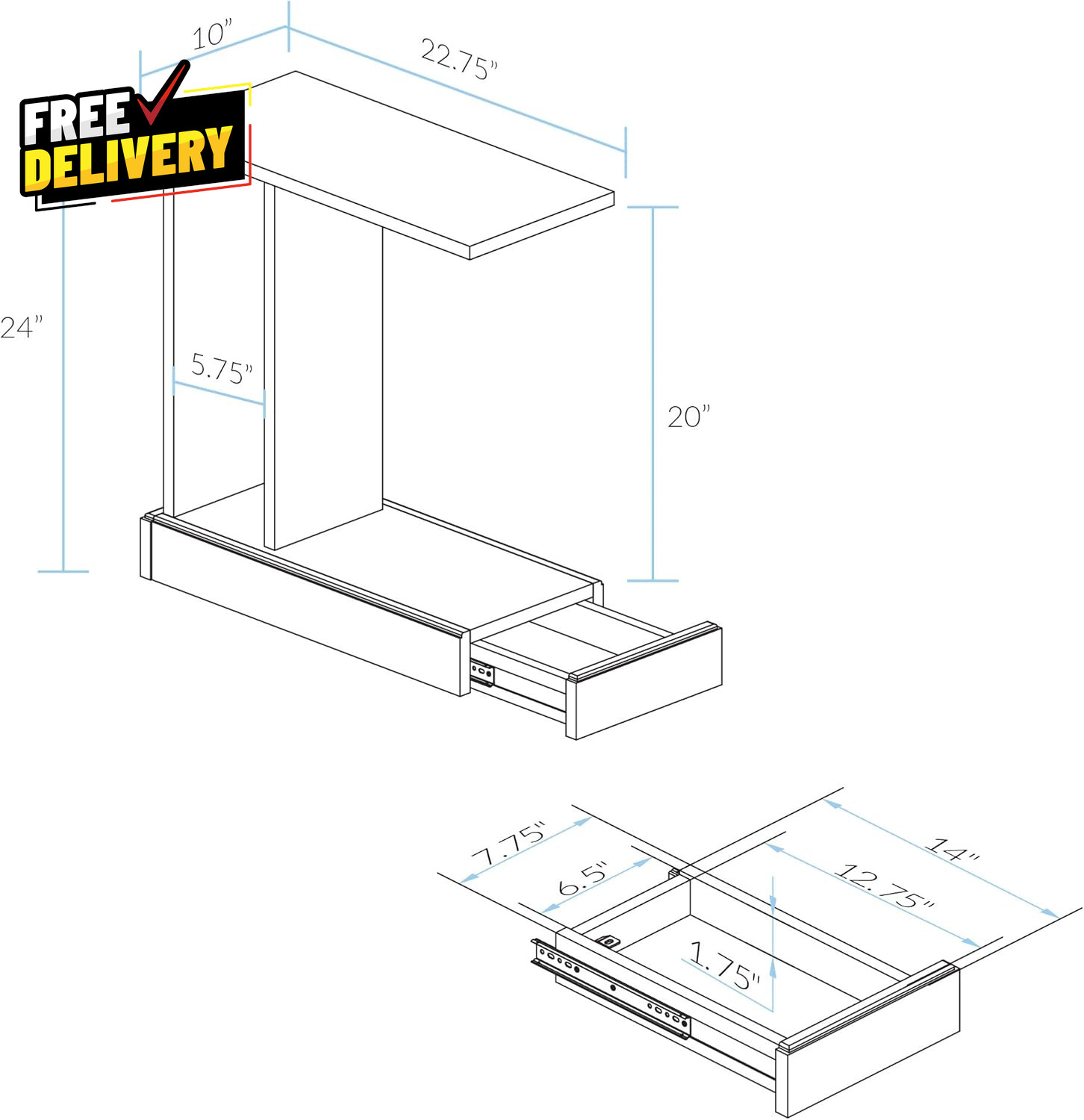 Monroe C-Table Drawer Concealment Furniture, Mocha, 22.75 in X 10 in X 24 In