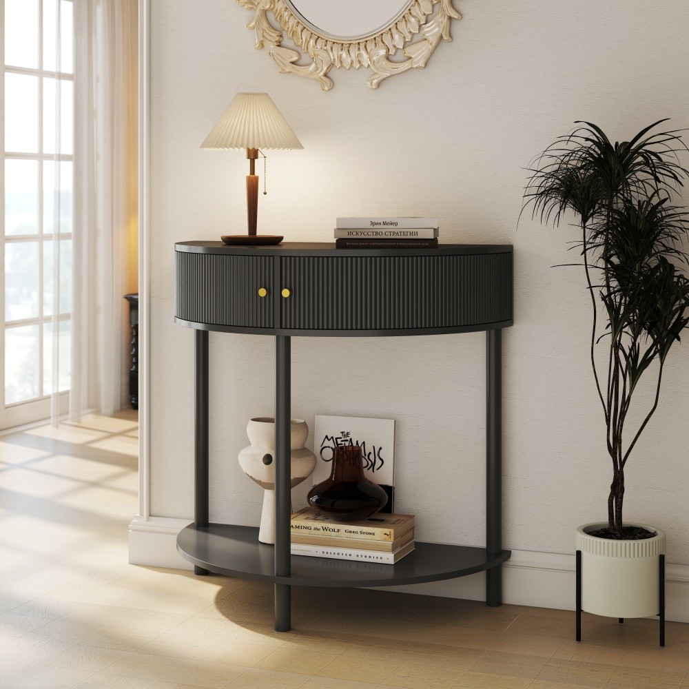 Side Table Wood Grain Finish Handcrafted Features Two Drawers Bottom Shelf