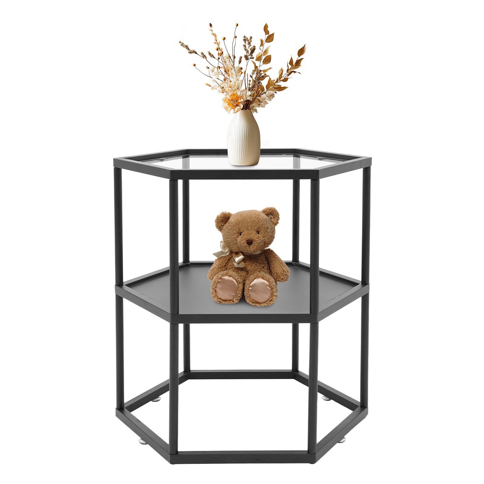 2-tier Hexagon Side 18inch Top Double Shelf Table 50lb 24inch Table For Bedroom