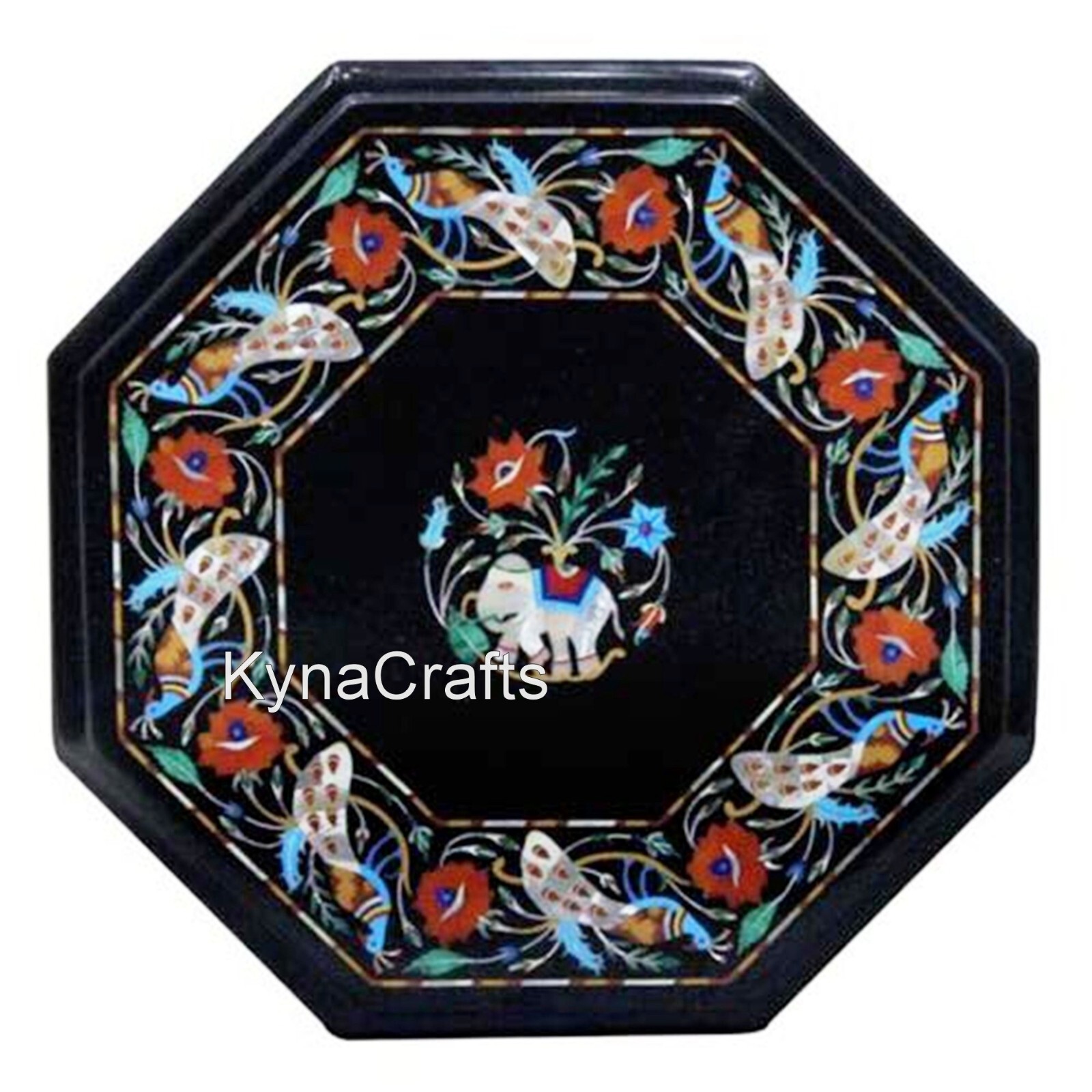 Octagon Marble Coffee Table Top Semi Precious Stone Inlay Work Bed Side Table
