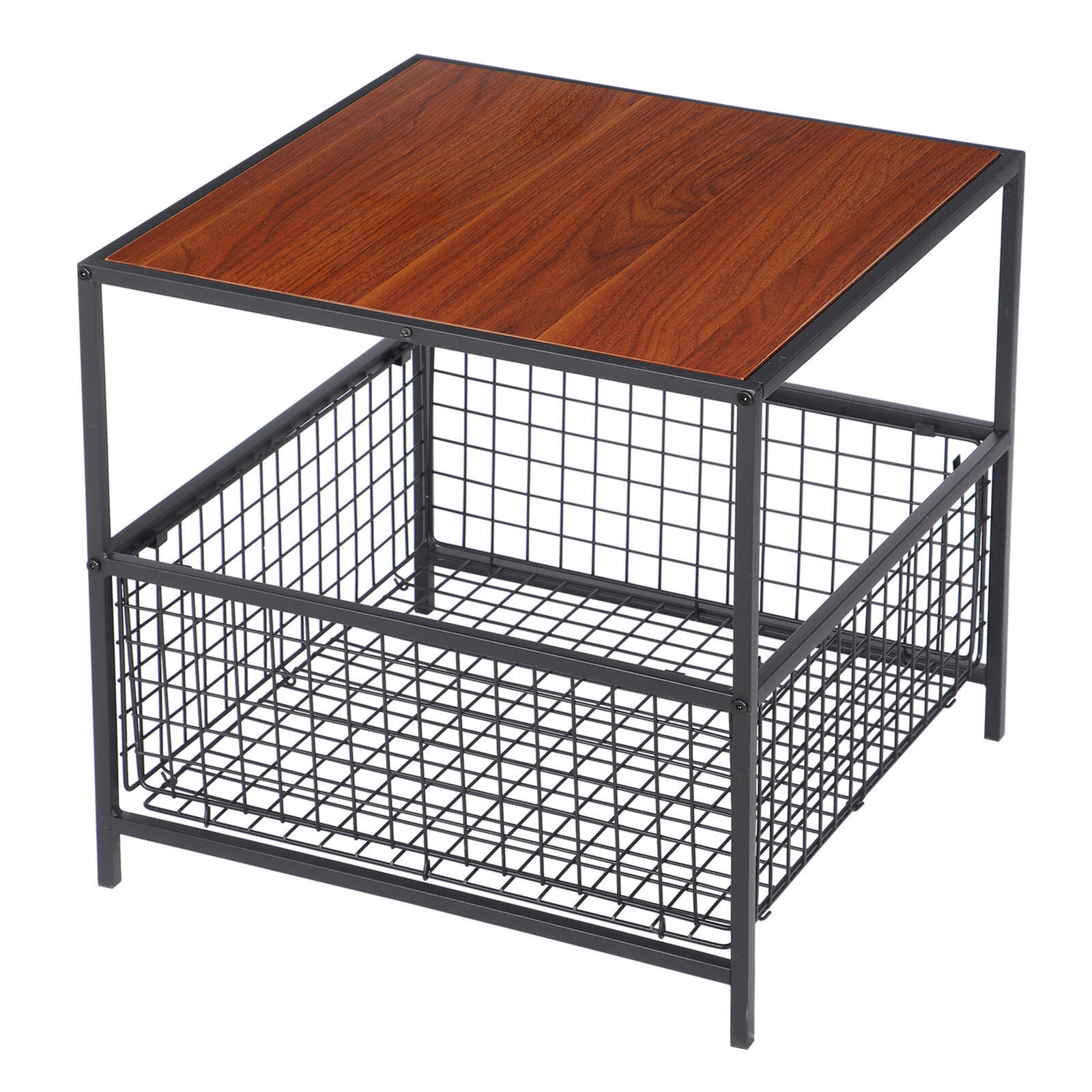 20″ End Table w/ Storage Basket Sofa Coffee Side Table Metal Frame Red Mahogany