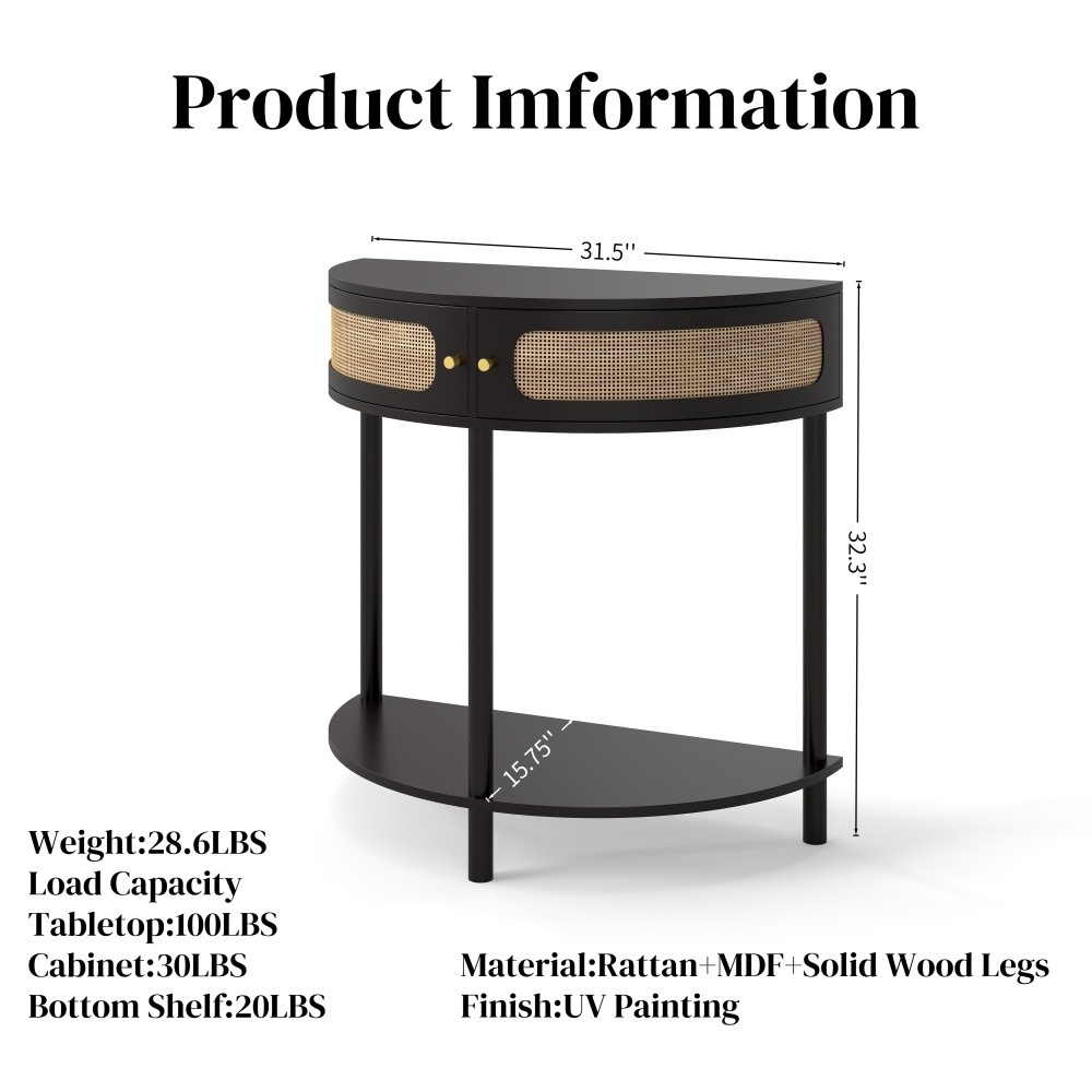 Unique Half Moon Design End Table with Sliding Rattan Door,Elegant Semi-circle