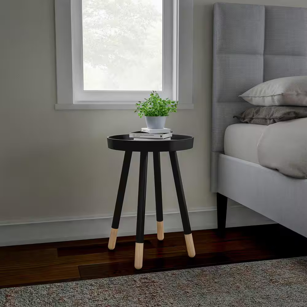 Black 17 In. round End Table, Wooden Mid-Century Modern Stand with Tray Top to D