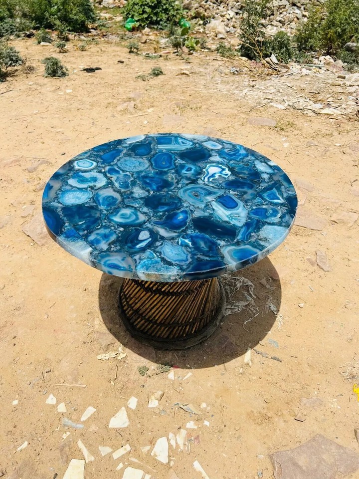 Handmade Round Blue Agate Coffee Table – Unique Natural Stone Accent for Living