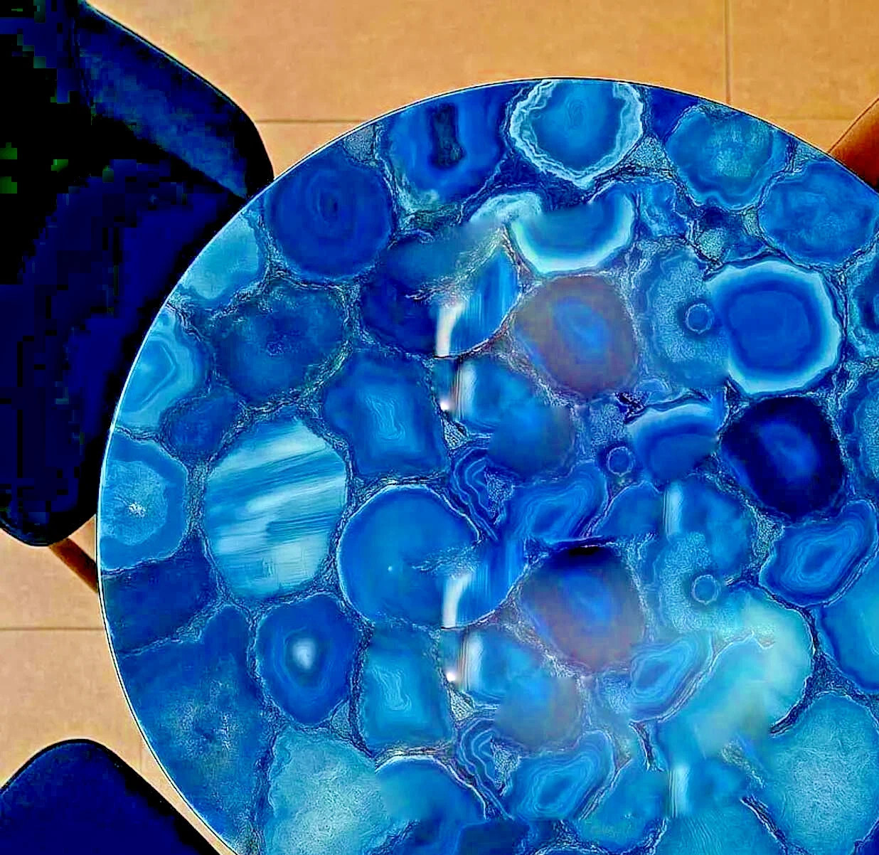 15″ Blue Agate Coffee Table Natural Stone Top, Luxury Gemstone Accent Furniture