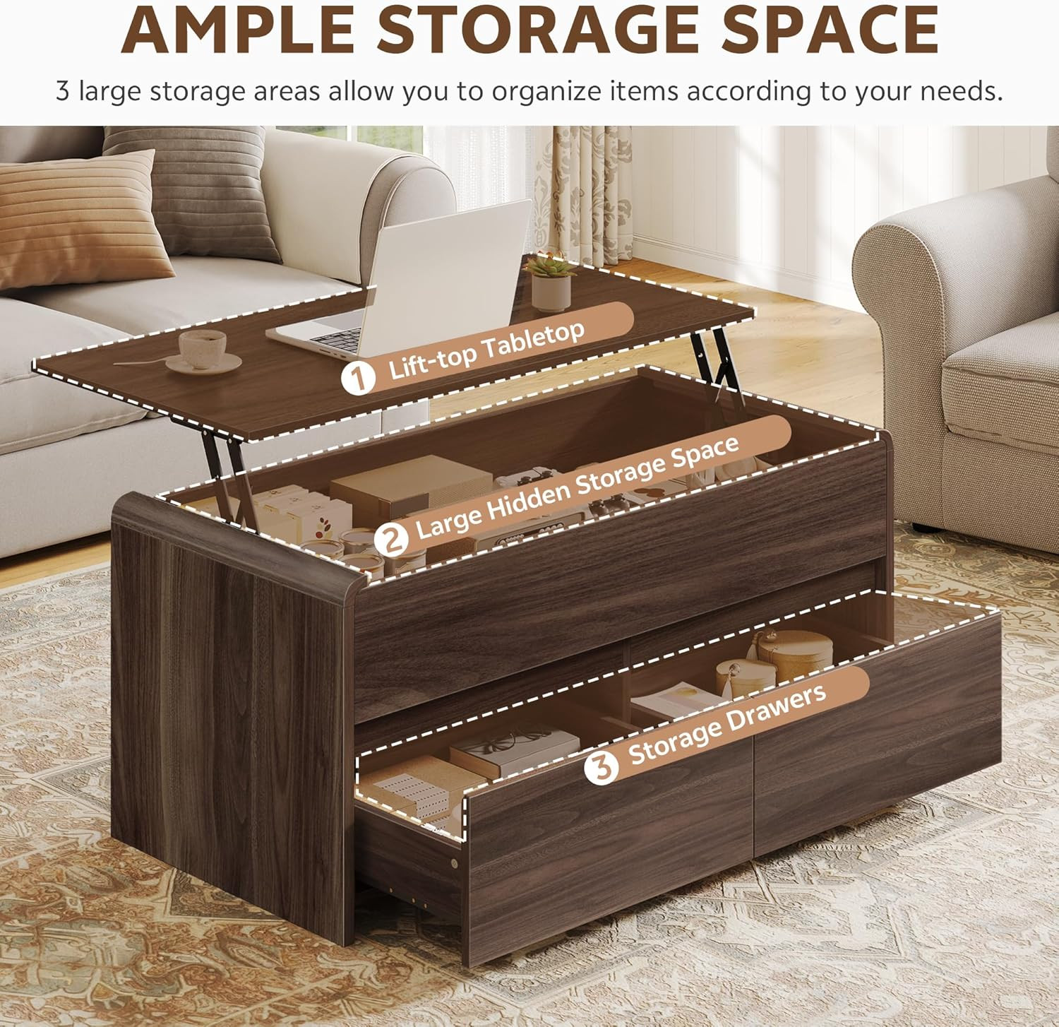 Lift Top Coffee Table with Storage Drawers – Walnut, 39In for Small Spaces