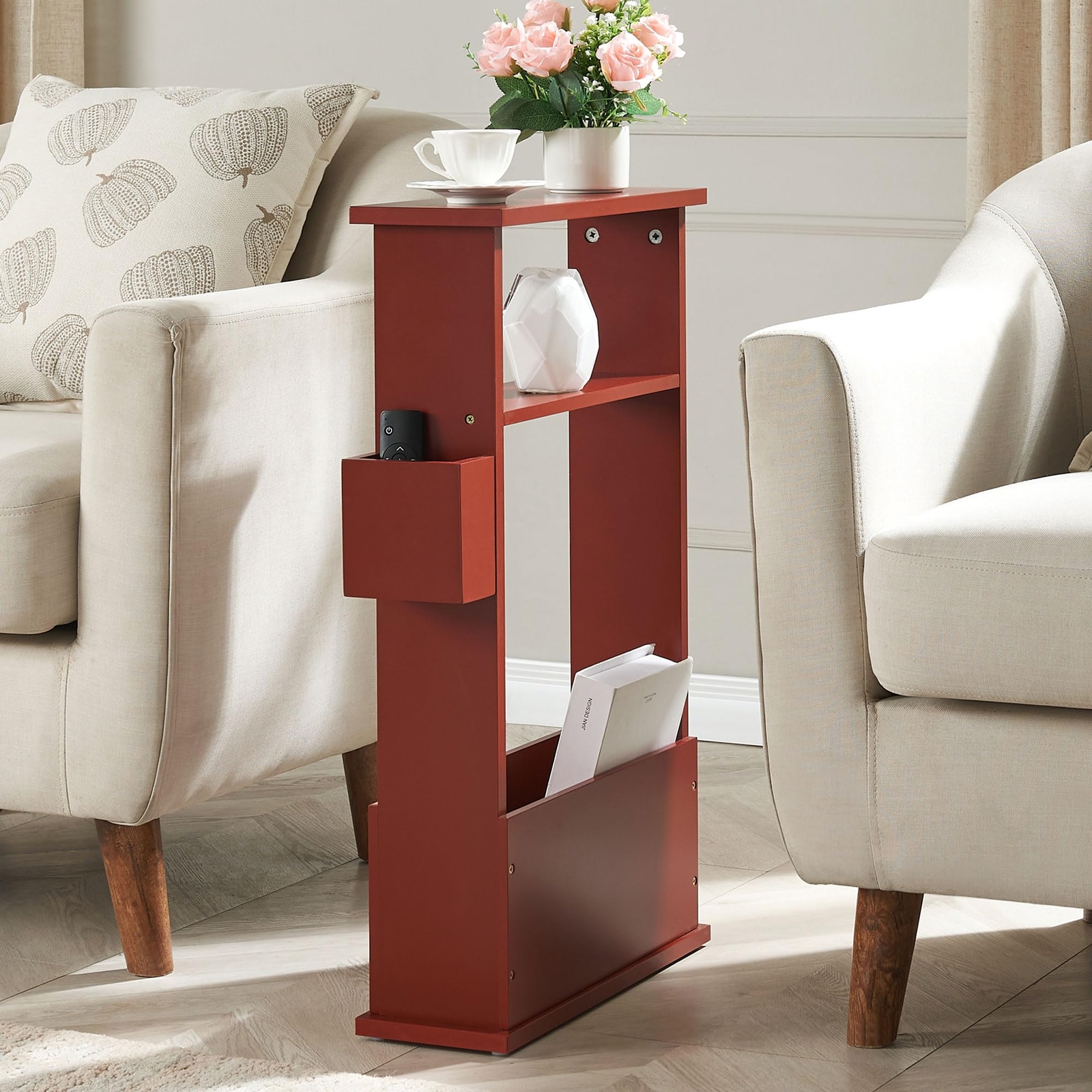 Kings Brand Narrow Side End Table with Storage, Magazine & Remote Holder, Red