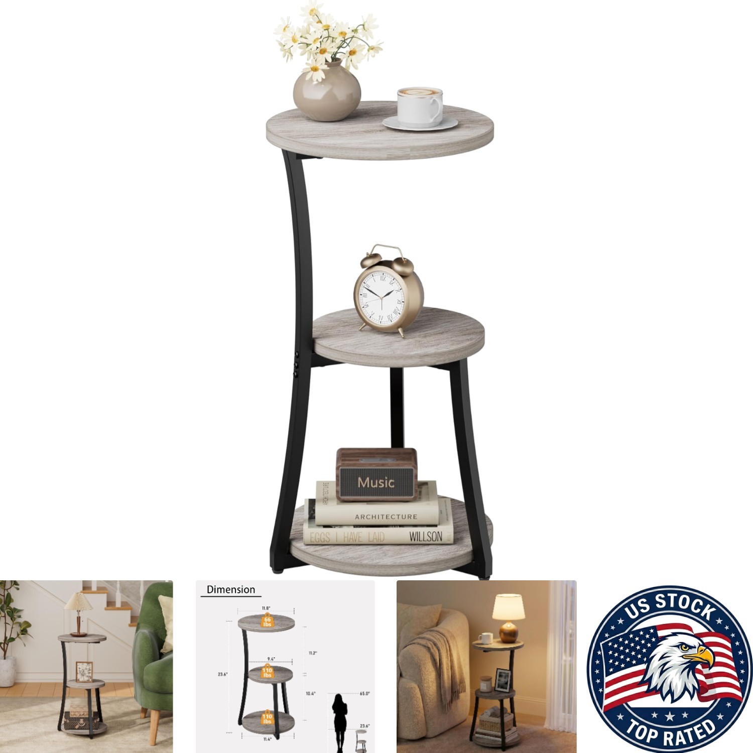 Sleek 3-Tier Greige Round End Table – Perfect for Living Room or Bedroom