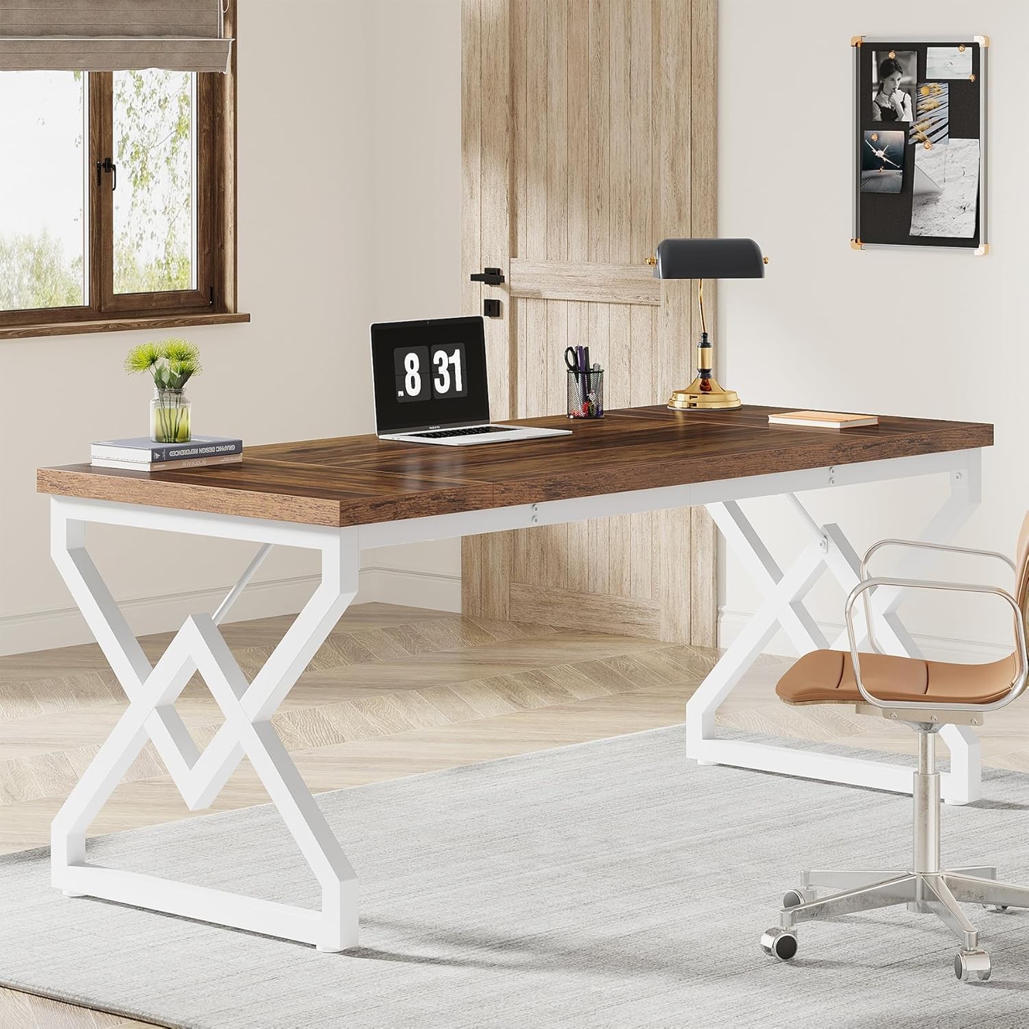 63 Inch Executive Desk, Large Office Desk with Metal Frame Computer Workstation