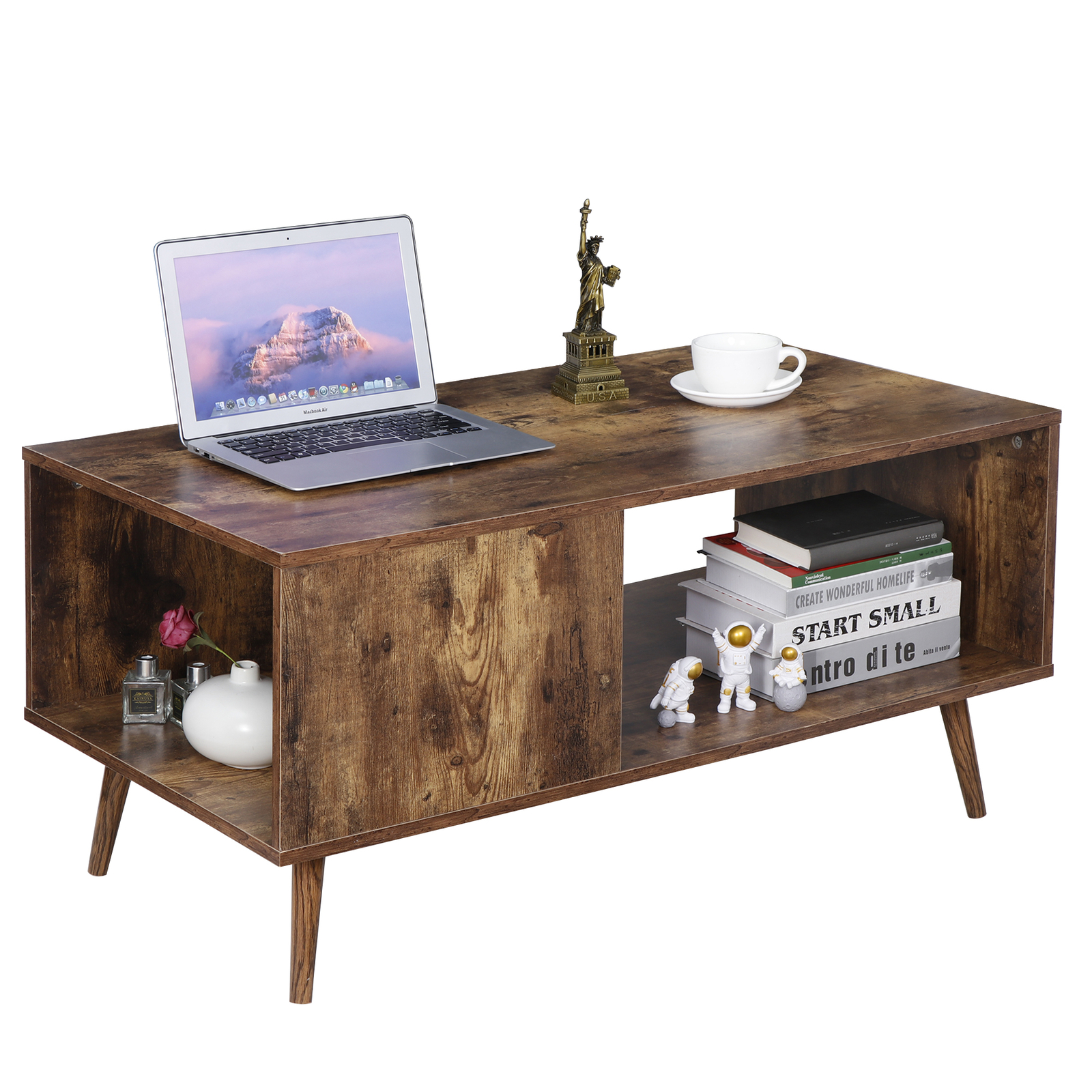 Retro Rectangular Coffee Tea Table Wooden Open Storage Shelf For Living Room