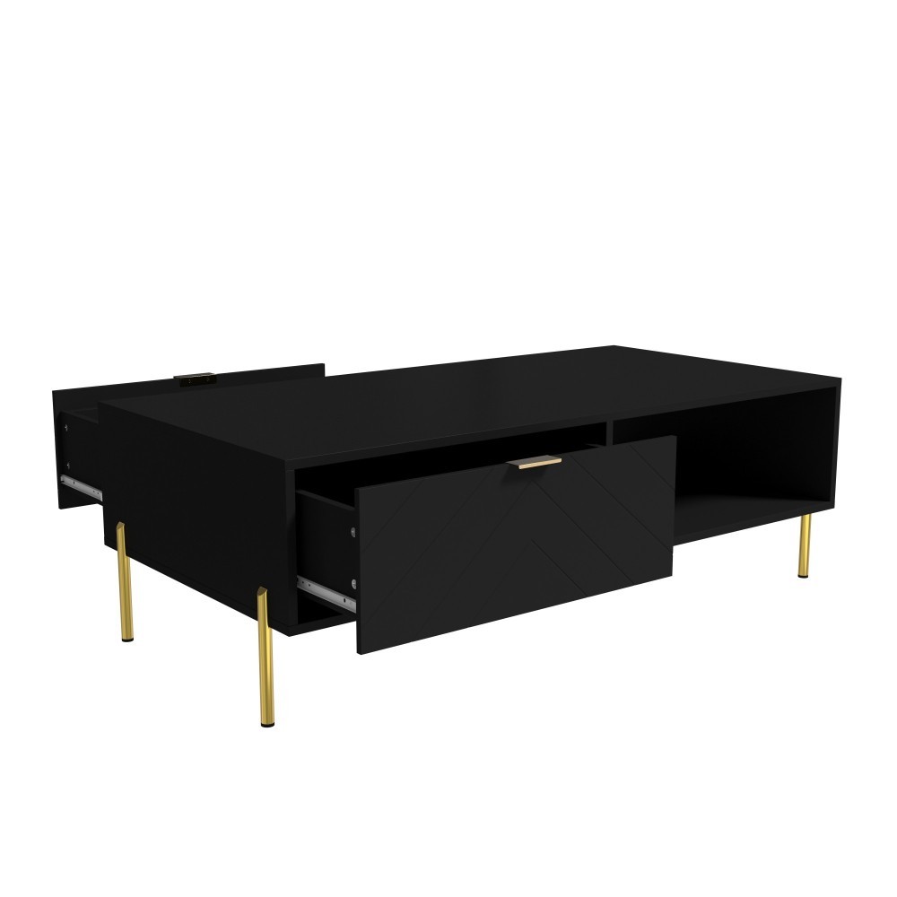 Mid-Century Modern Coffee Table w/ 2 Drawers Black MDF+Metal 47.24″