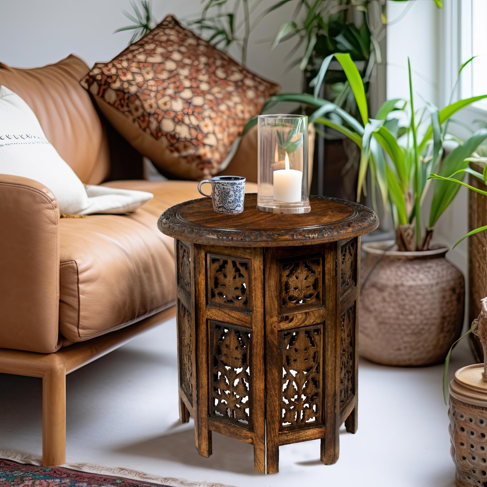 Solid Wood Accent End Table – Hand Carved Vintage Boho Folding Side Table – S…