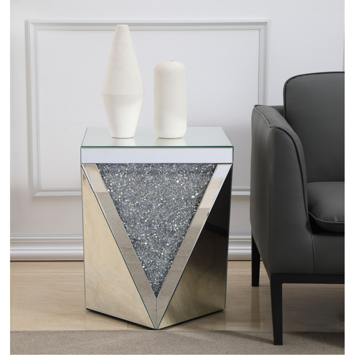 Mirrored Embedded Crystal End Table Living Dining Room Bedroom Office Art Deco