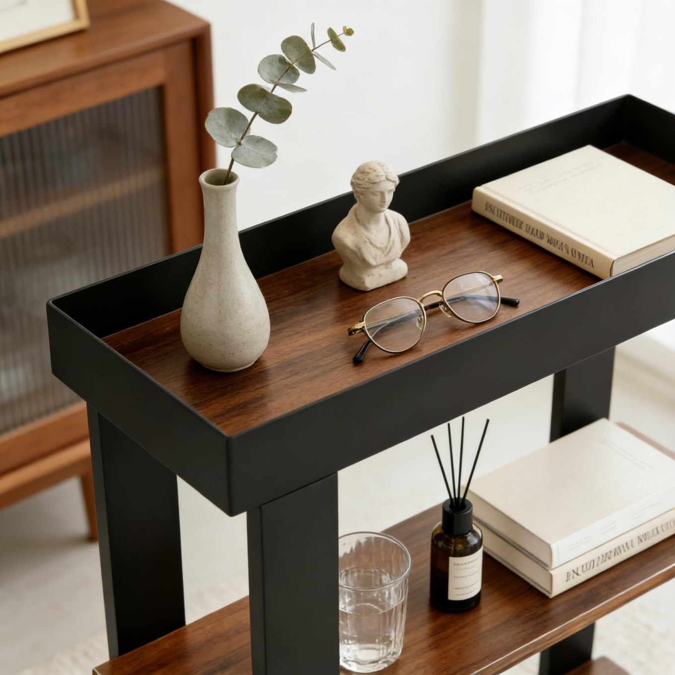 ZEXVIDA Narrow Side Table, 3-Tier 15.8″ x 8″ x 21.7″, Rustic Brown