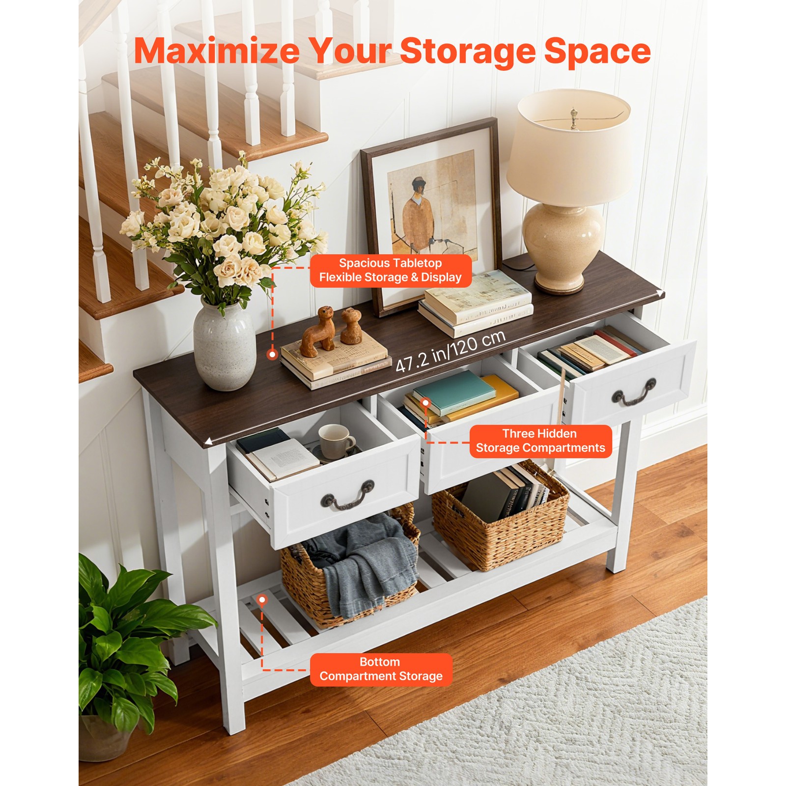Uimoso 47″ Console Table with Drawers Rustic Sofa Desk Entryway Hall Side Stand