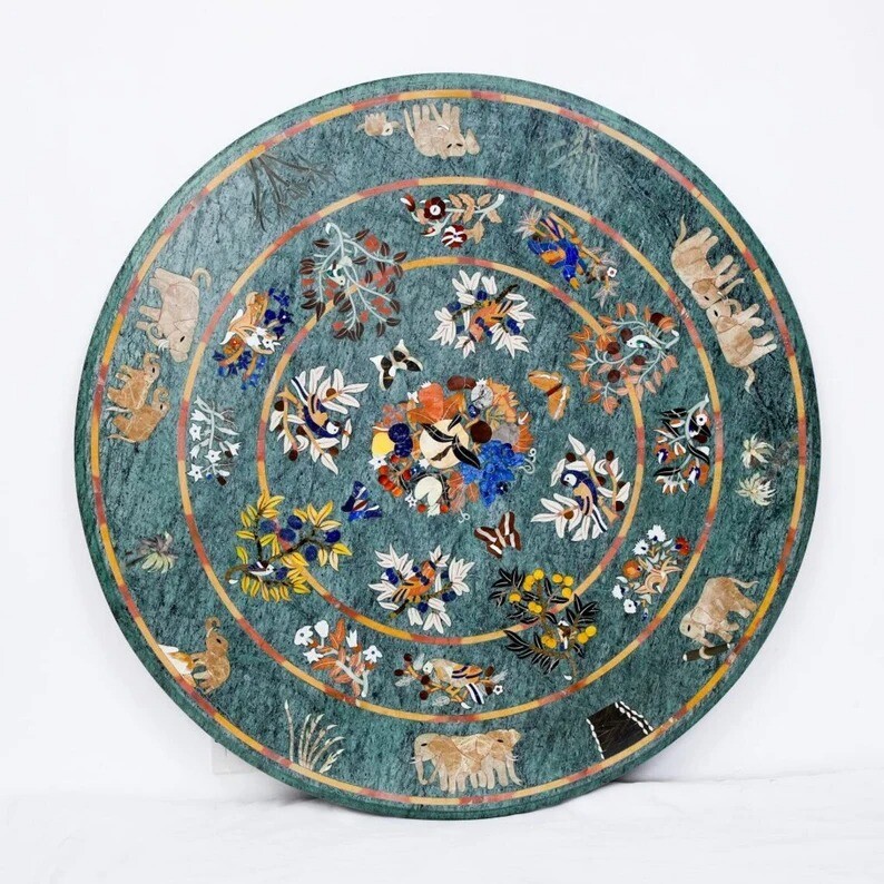 Green Marble Inlay Coffee Table Handmade Pietra Dura Art Inlay Center Table