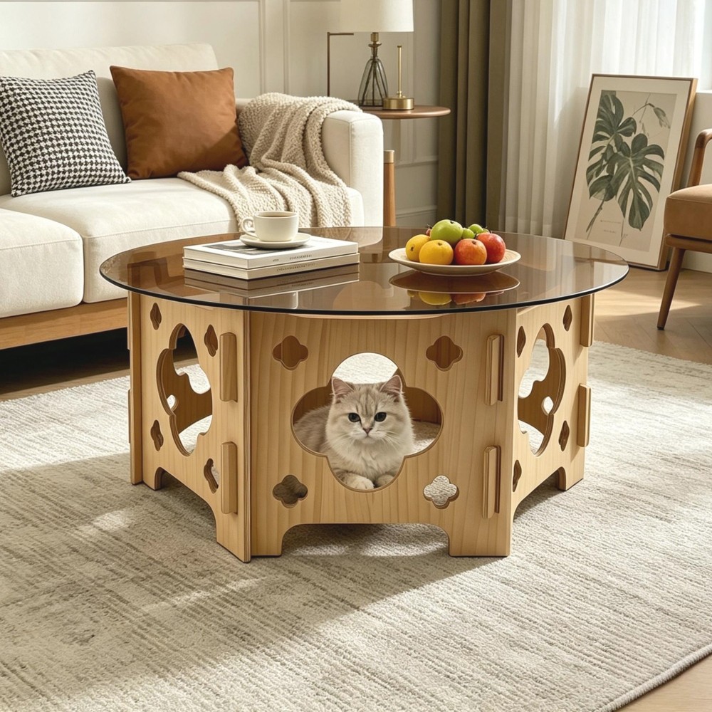 Round Tempered Glass Coffee Table, Caramel Tabletop with Floral Hollow Wood Base
