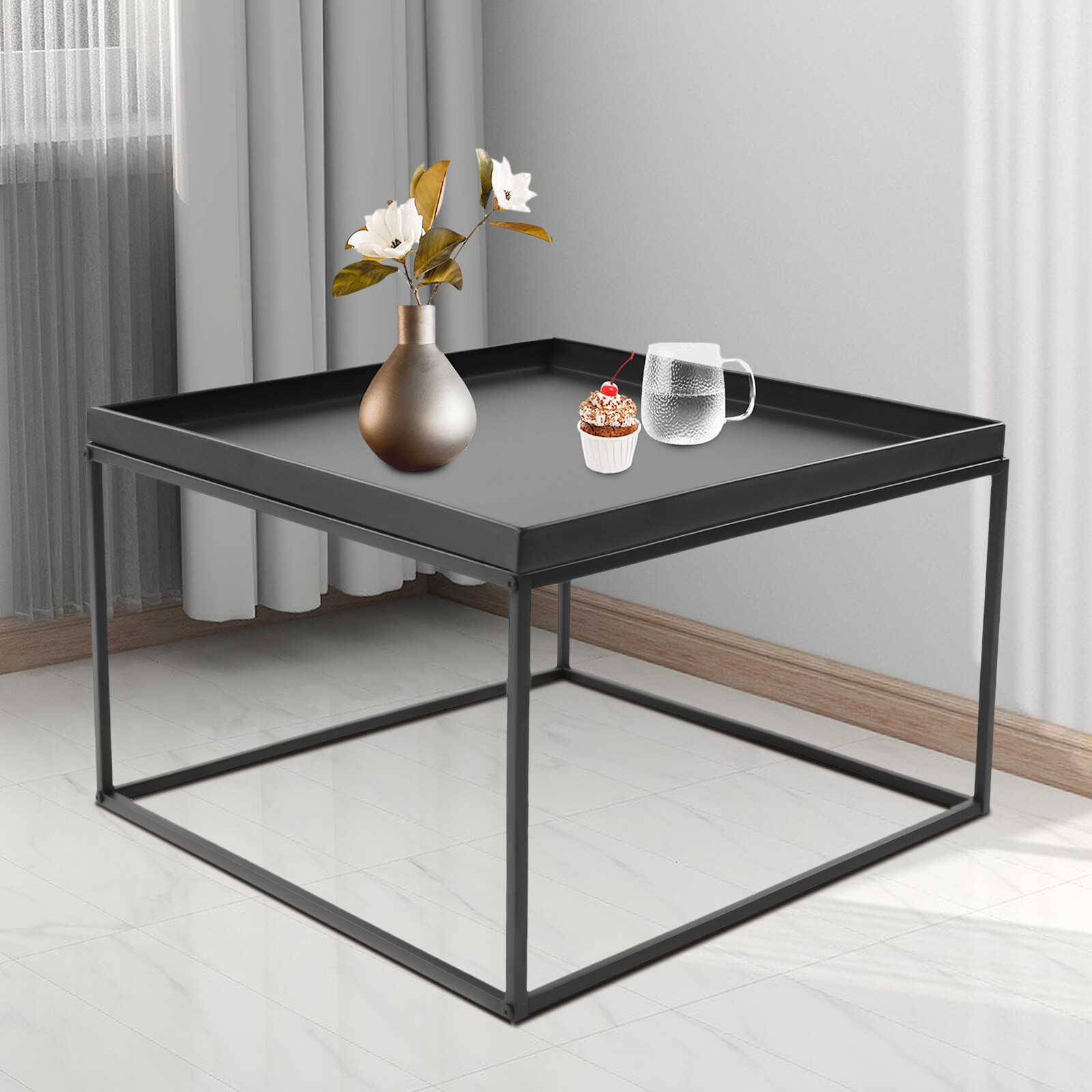 59cm Metal Square Coffee Table End Table/Side Table For Office Home Matt Black