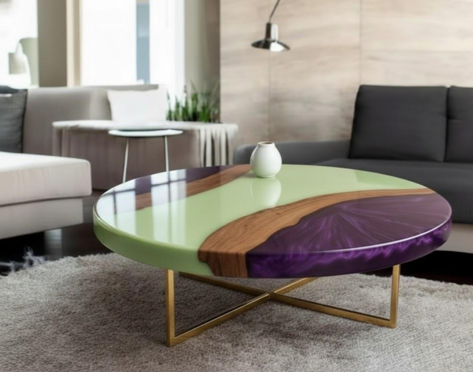 Green Purple Epoxy Coffee Table – Round Resin Wood Center Table – Luxury Table