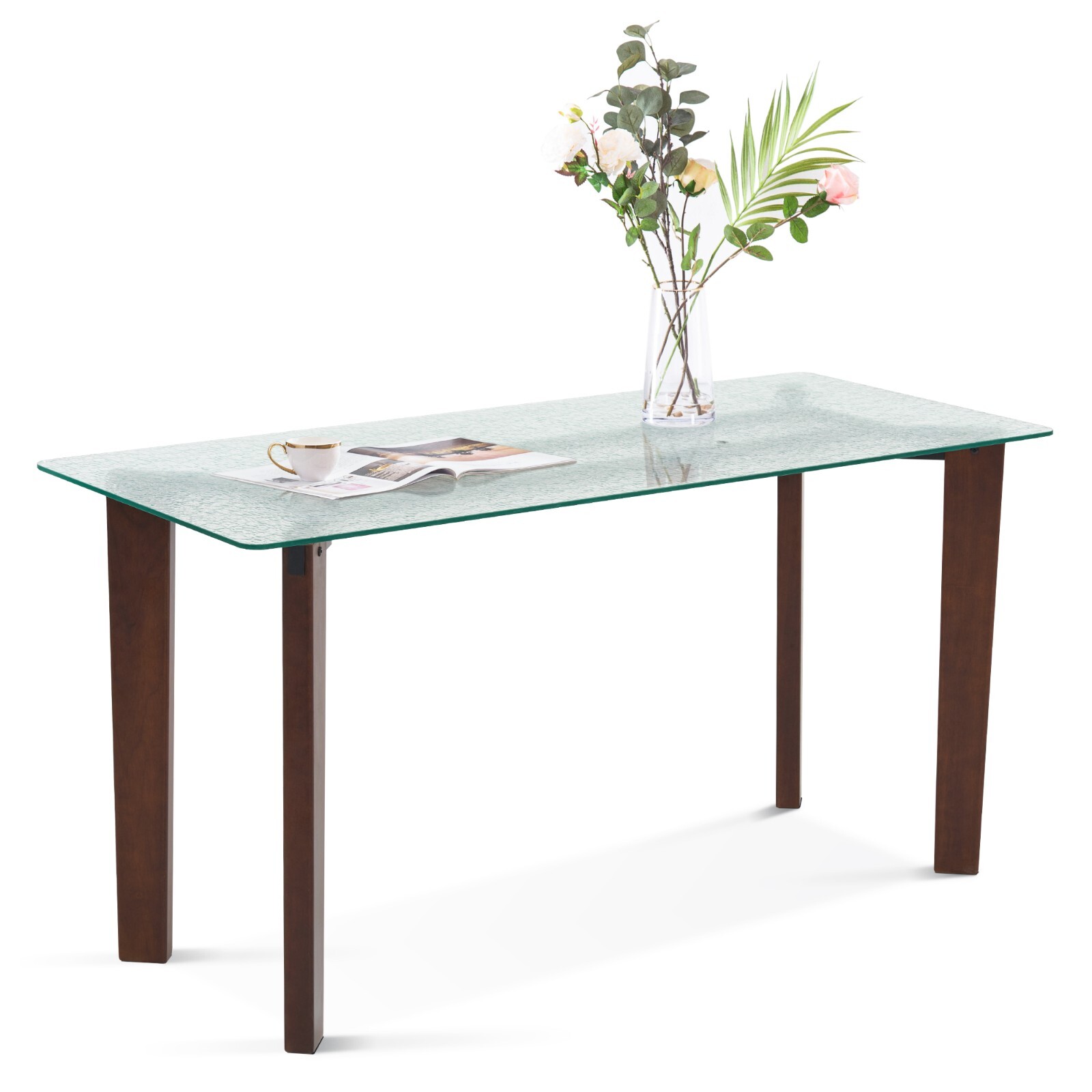 Ivinta Glass Dining Table with Wood Leg, Rectangular Dinner Table for Kitchen