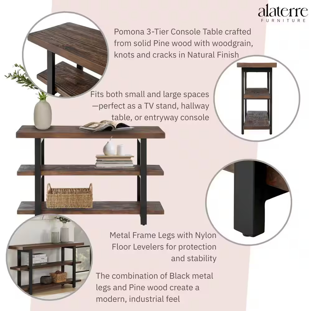 Pomona 48 In. Rustic Natural/Black Standard Rectangle Wood Console Table with St
