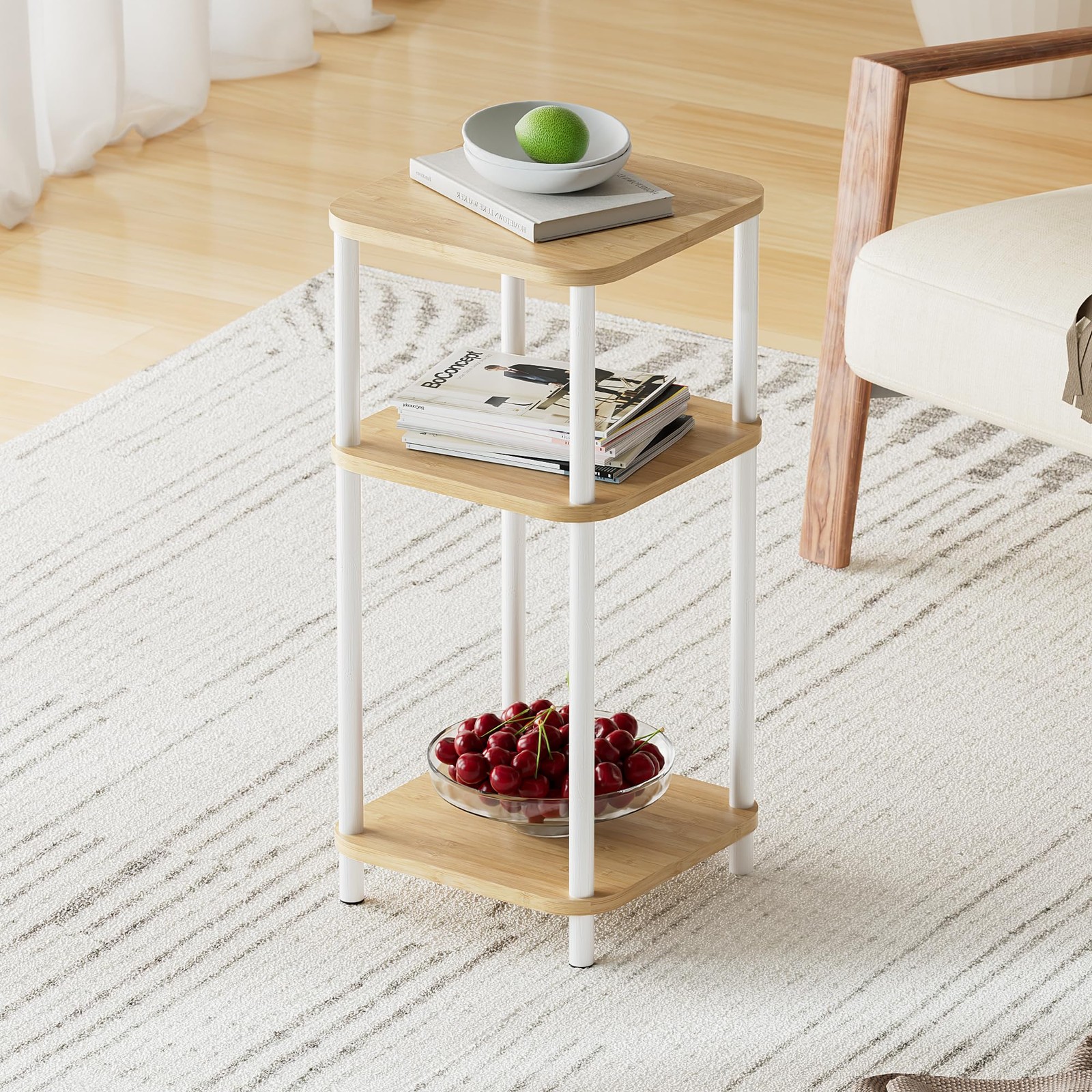 Bamboo End Table with Charging Station, Side Table for Small Space, Small Table