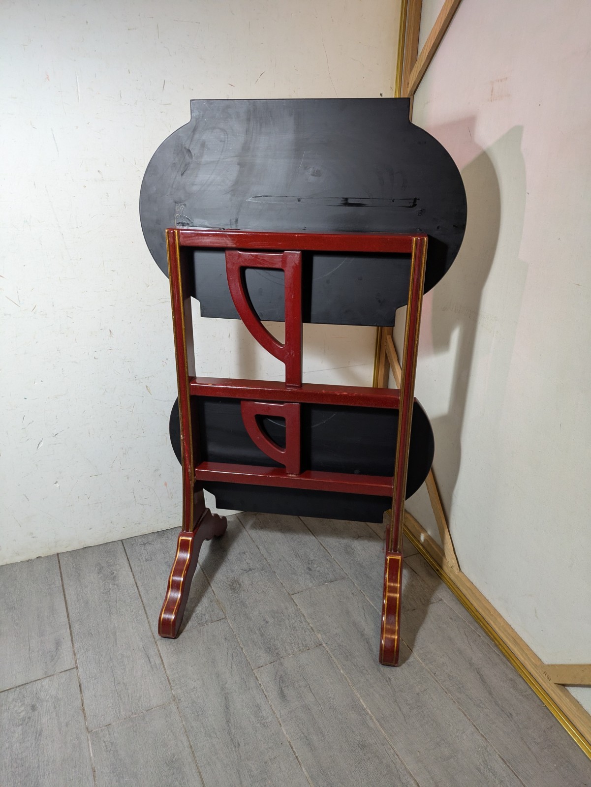 Vintage Asian Chinoiserie Folding Butler Tray Table Hand Painted Birds Red/Gold