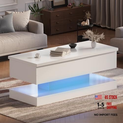 47.2 Inch Large Lift Top Coffee Table Modern High Glossy LED Storage White