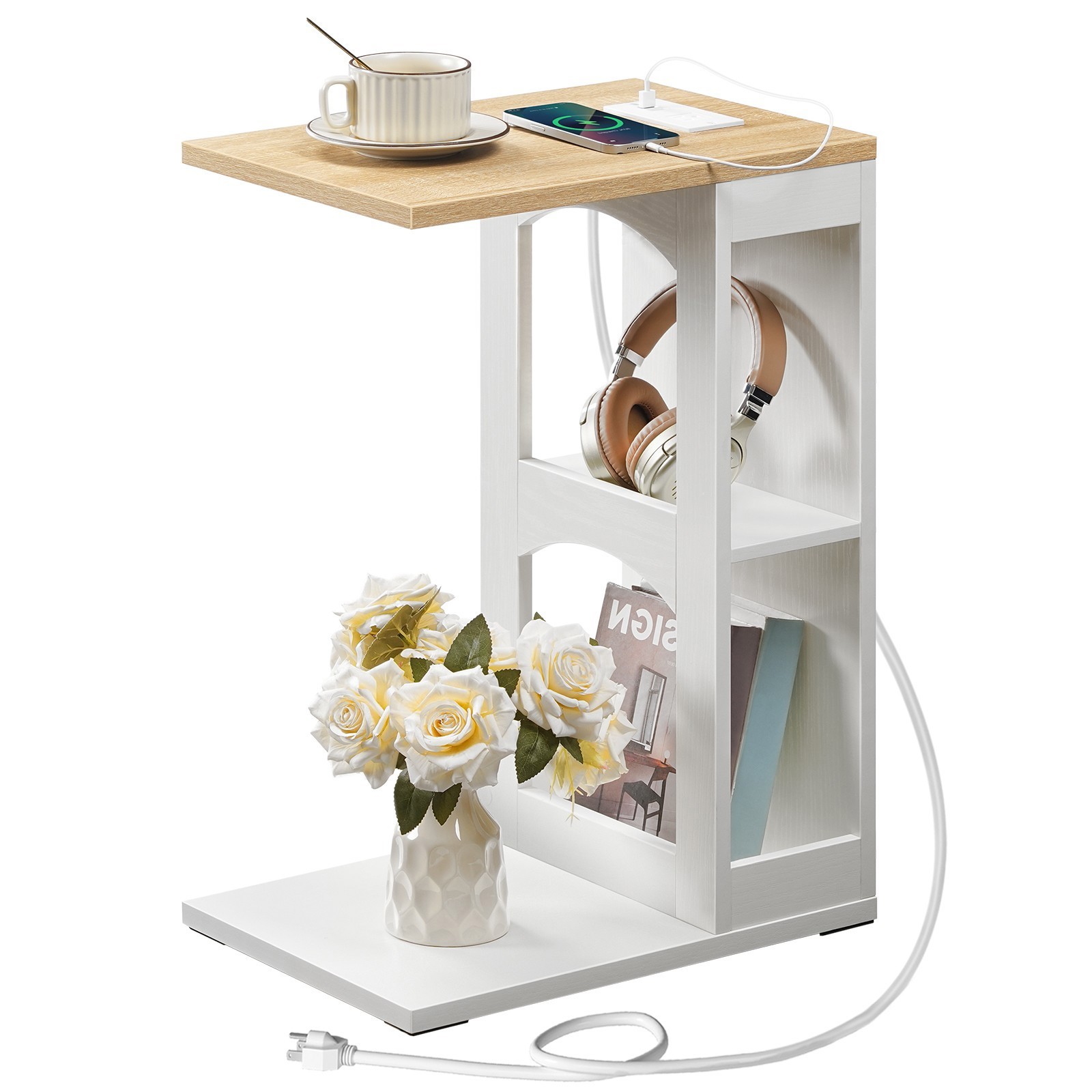 C-Shaped End Table w/ Charging Station Side Table Bedside Table White Natural