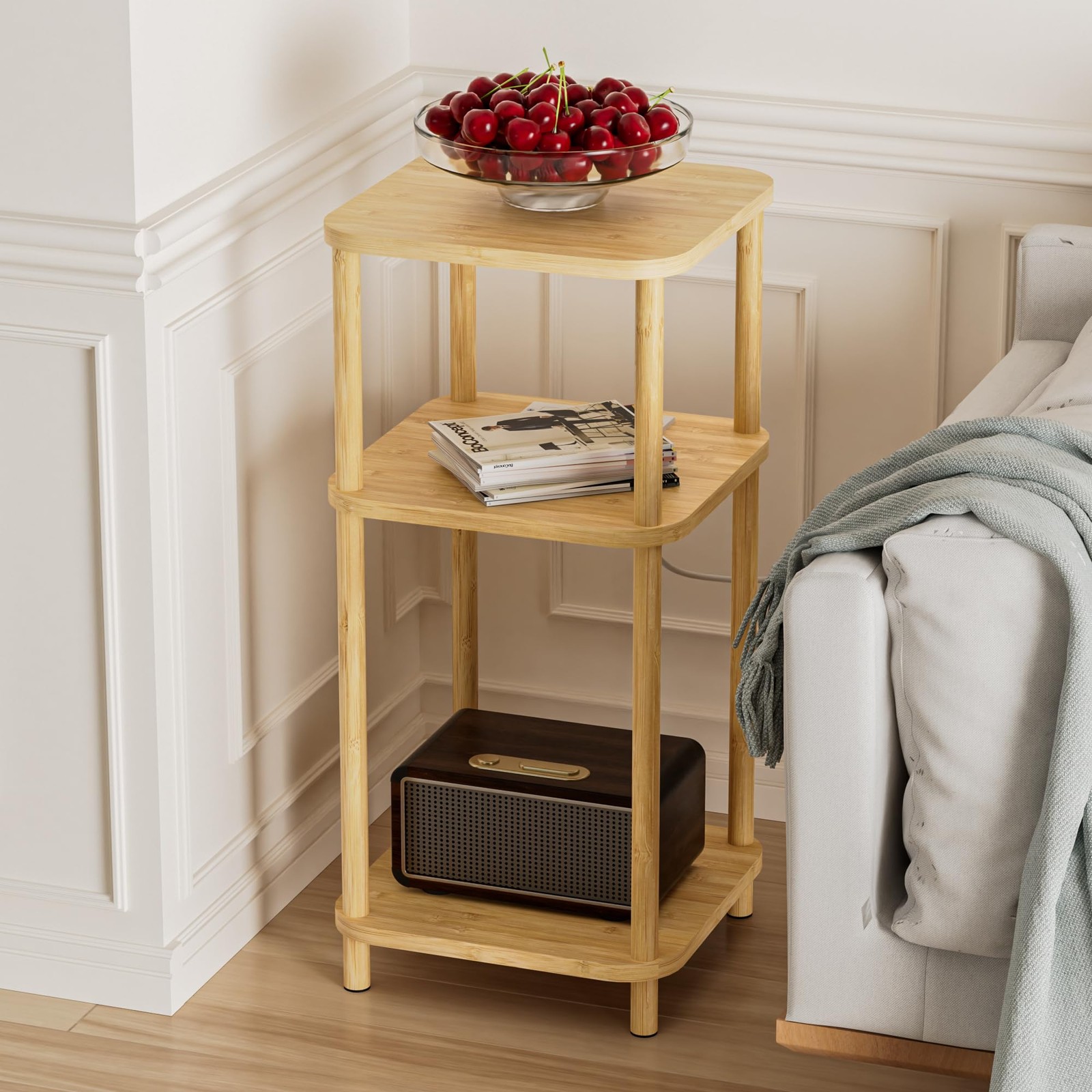 SANLUCE Bamboo End Table with Charging Station, Side Table for Small Space, S…