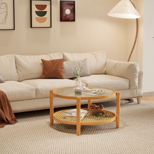coffee table Wicker coffee table with glass top and PVC wicker storage rack