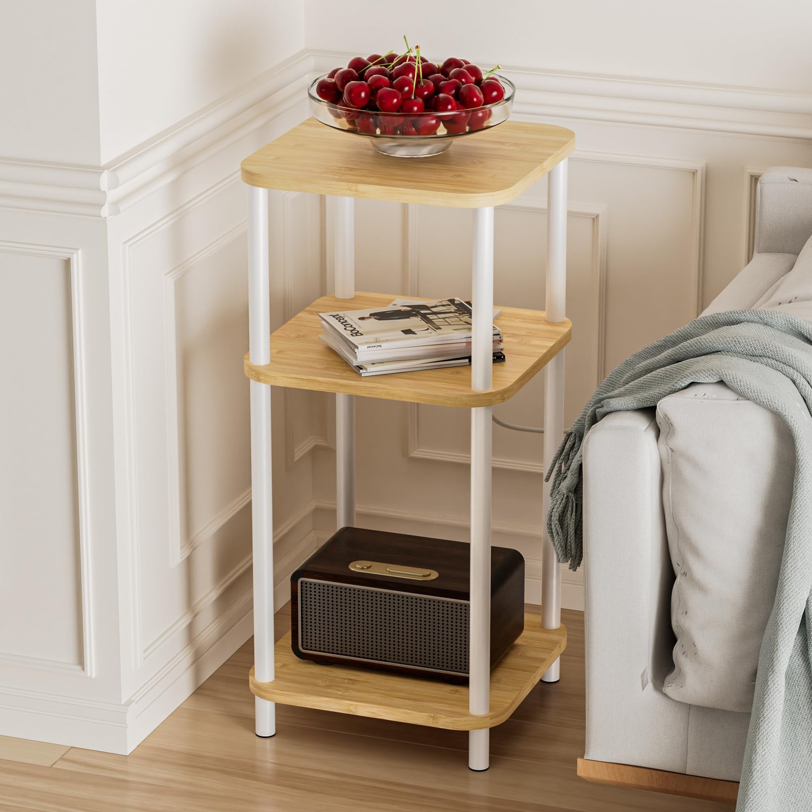 Bamboo End Table with Charging Station, Side Table for Small Space, Small Table