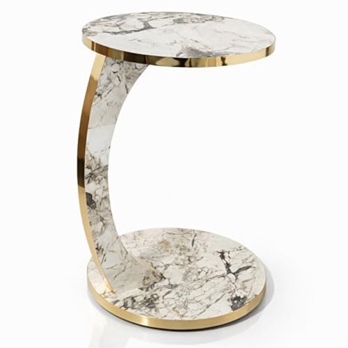Luxury C Shaped Golden Effect Side Table with Wheels, Premium Faux White Marble
