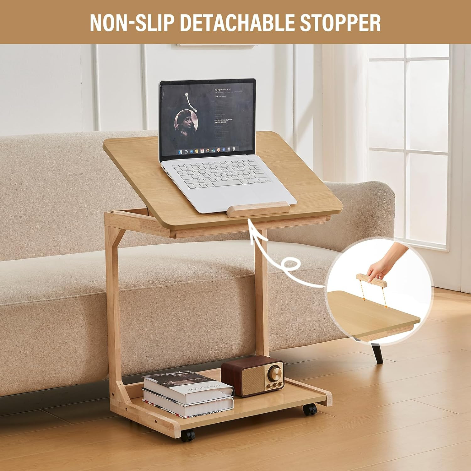 Rolling C Shaped End Table with Wheels – Multi-Purpose Solid Wood Tray Table
