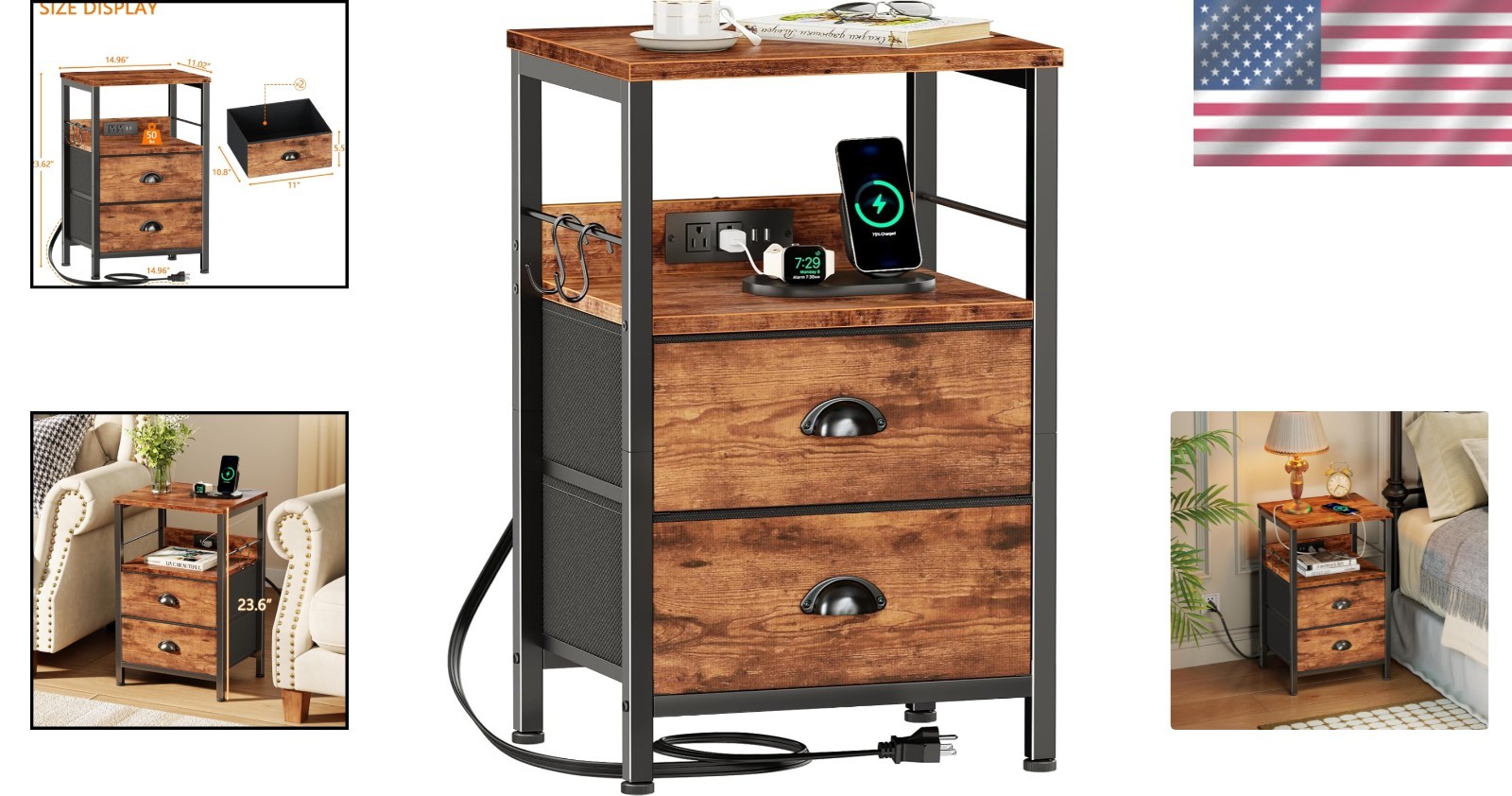 Innovative End Table with USB Charging, Hooks & Elegant Design for Any Room