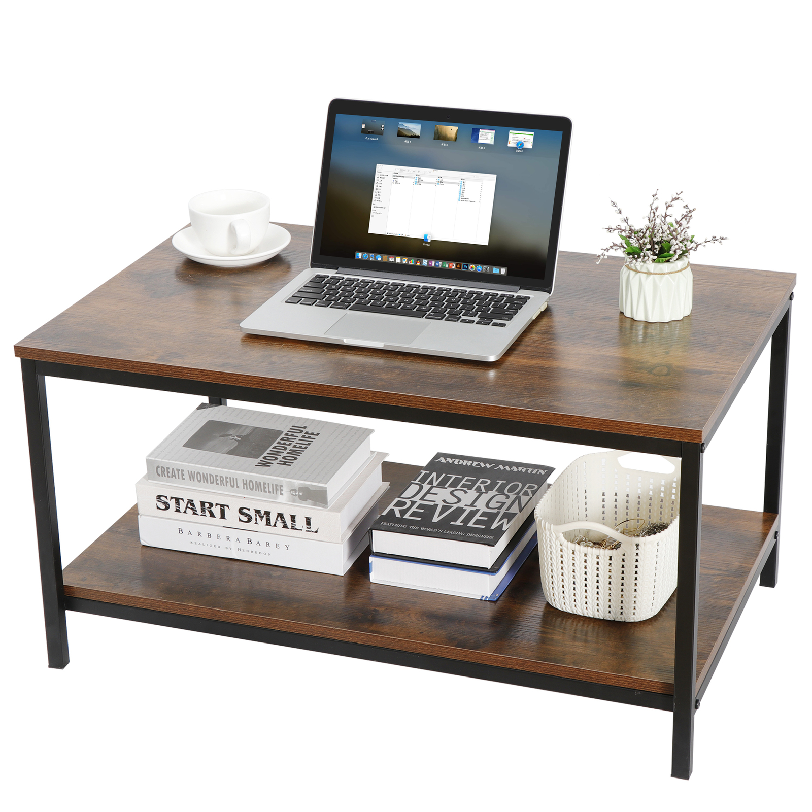Industrial Coffee Table With Storage Shelf For Living Room Wood Look Accent