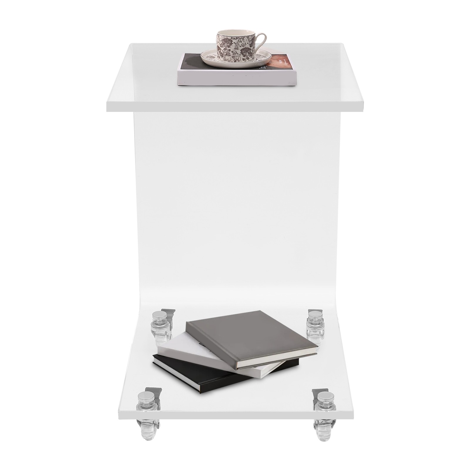 Clear Acrylic C-Shaped Side Table 13.8 × 13.8 × 22 In With 4 Wheels
