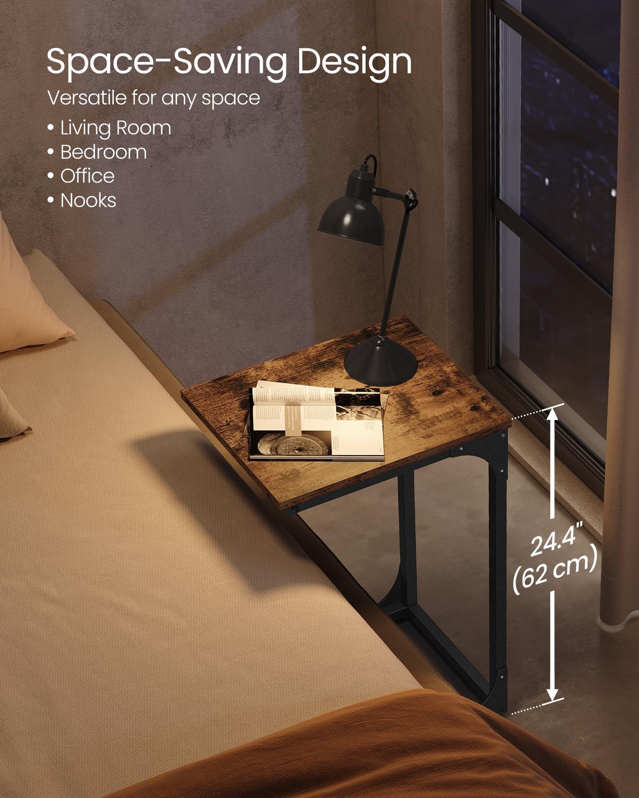 VASAGLE C-Shaped End Table, 11.8 x 15.7 x 24.4 Inches, Rustic Brown + Black