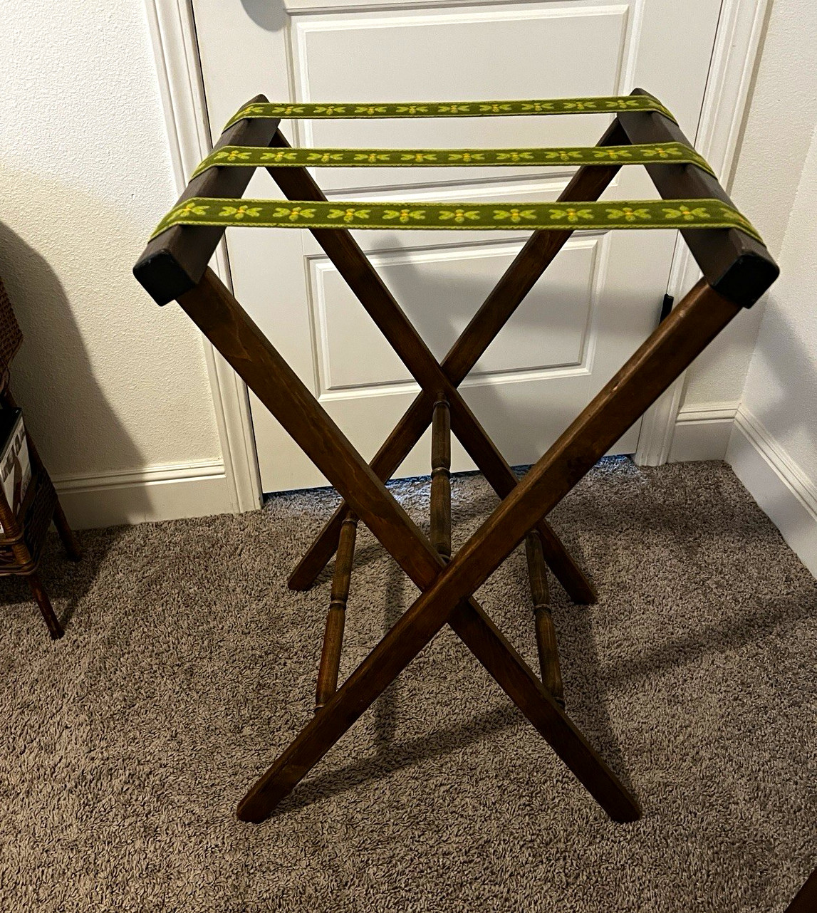 Mid-Century Modern Folding Wood Butler Tray Table, Brown/Green Floral Webbing
