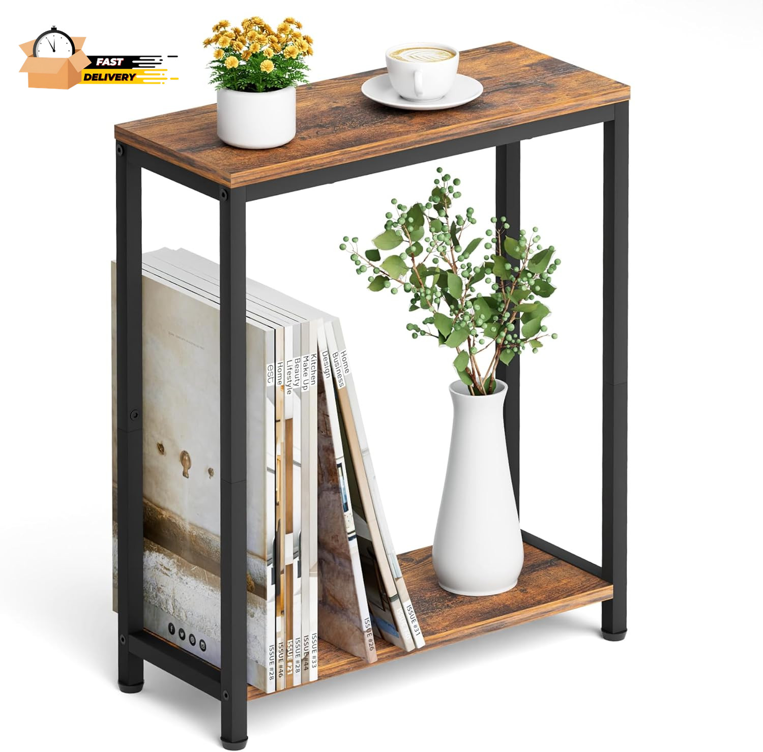 Narrow Small Side Table for Small Space, 2 Tier Sofa Skinny End T