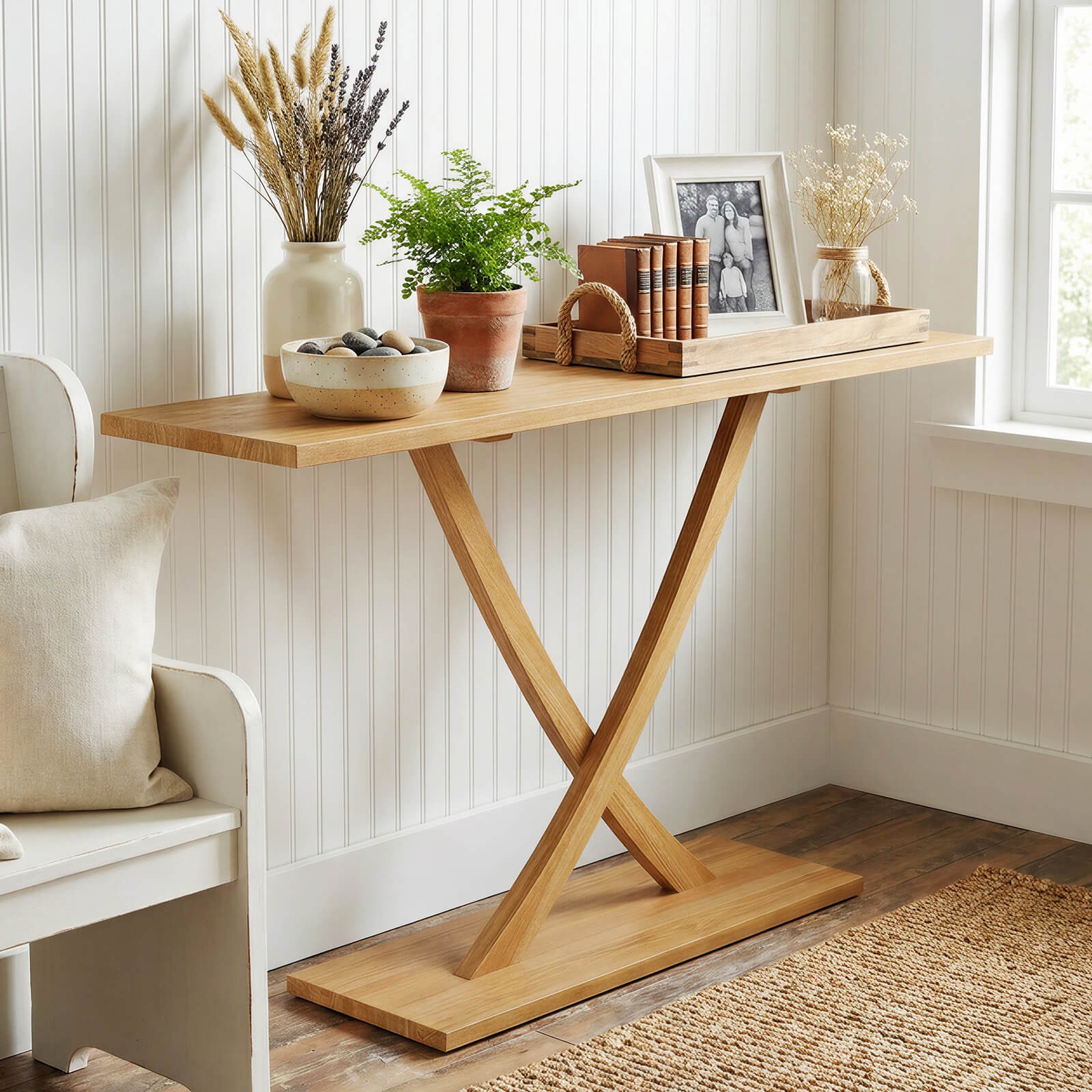 57″ Solid Wood Console Table, Narrow Farmhouse Sofa Table w/ Teak Wood Frame