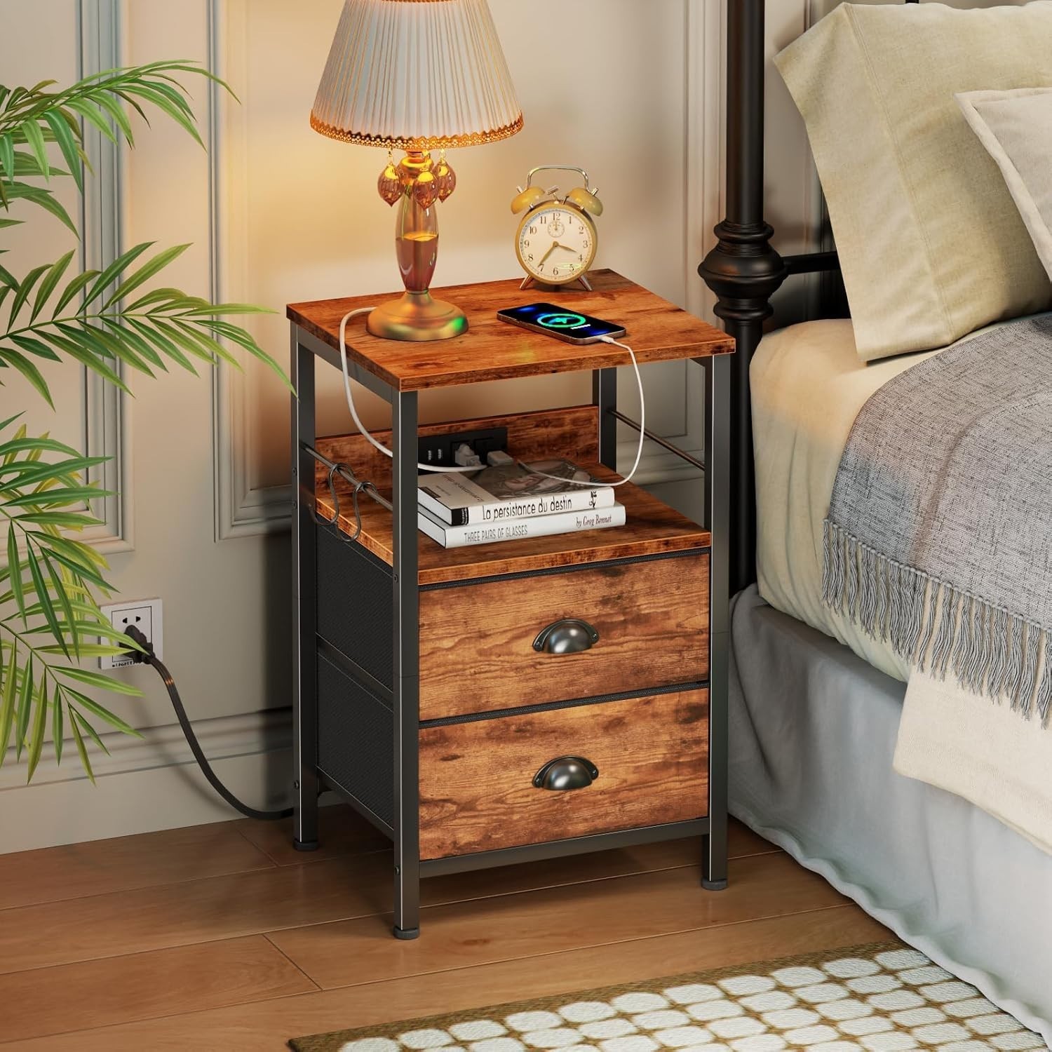Innovative End Table with USB Charging, Hooks & Elegant Design for Any Room