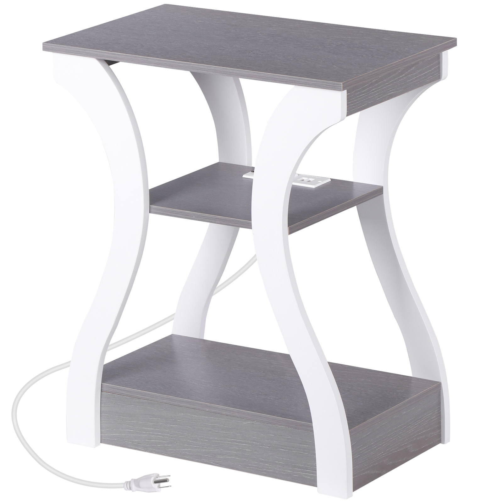 End Table Side Table 3-Tier Storage Shelf for Small Space with Outlet Grey+White