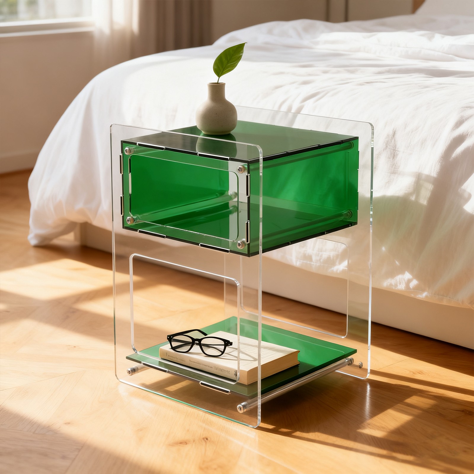 Acrylic Side Table, Acrylic Nightstand Green for Bedroom&Living Room Side Table
